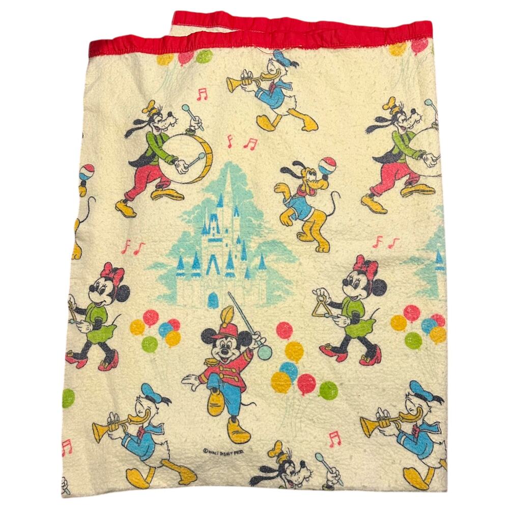 Vintage Disney World Park Mickey Mouse Red Satin Trim Blanket TWIN Marching Band